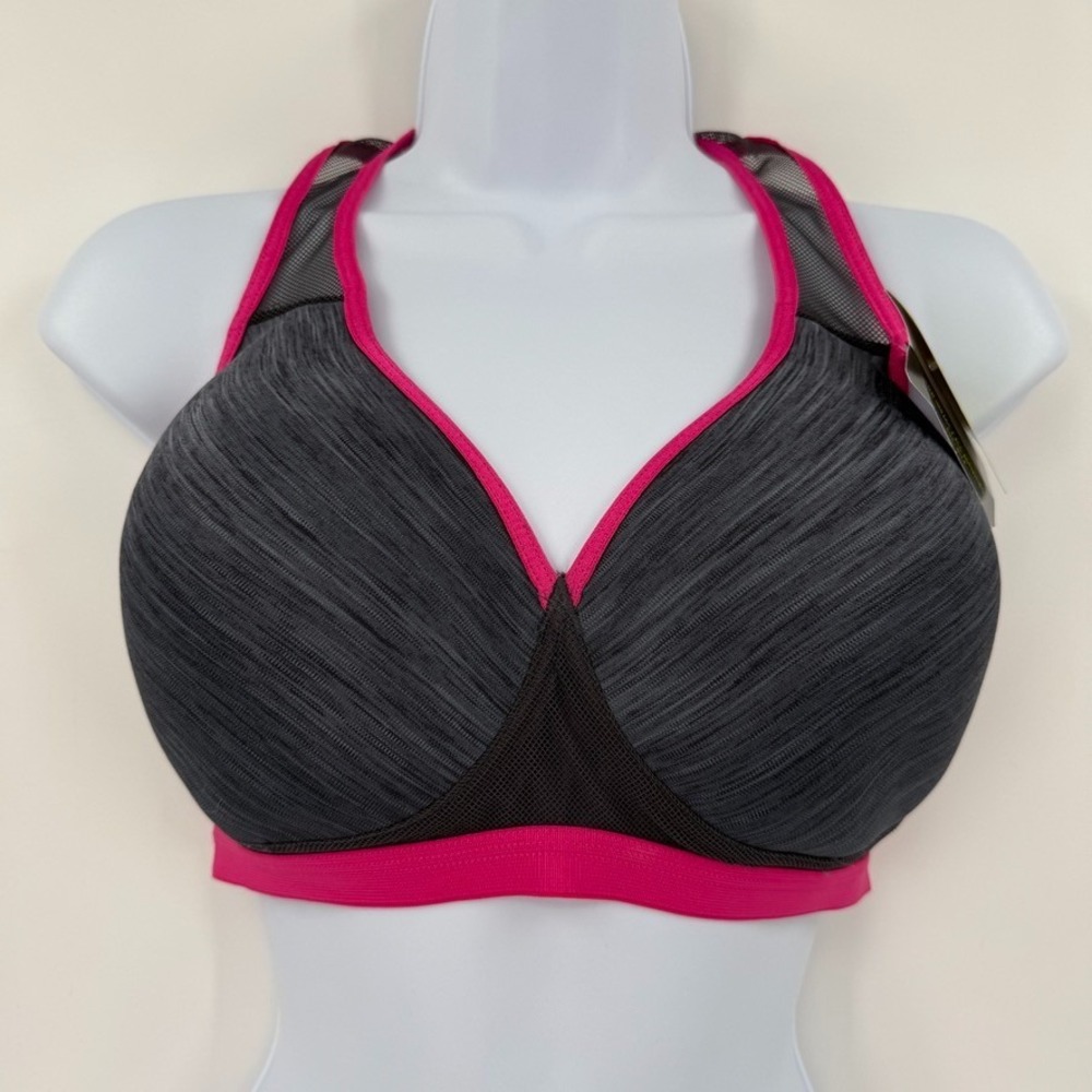 Wacoal Womens Sport Bra 38D Grey Pink T-Back Racerback Mesh Low Impact Non Wire